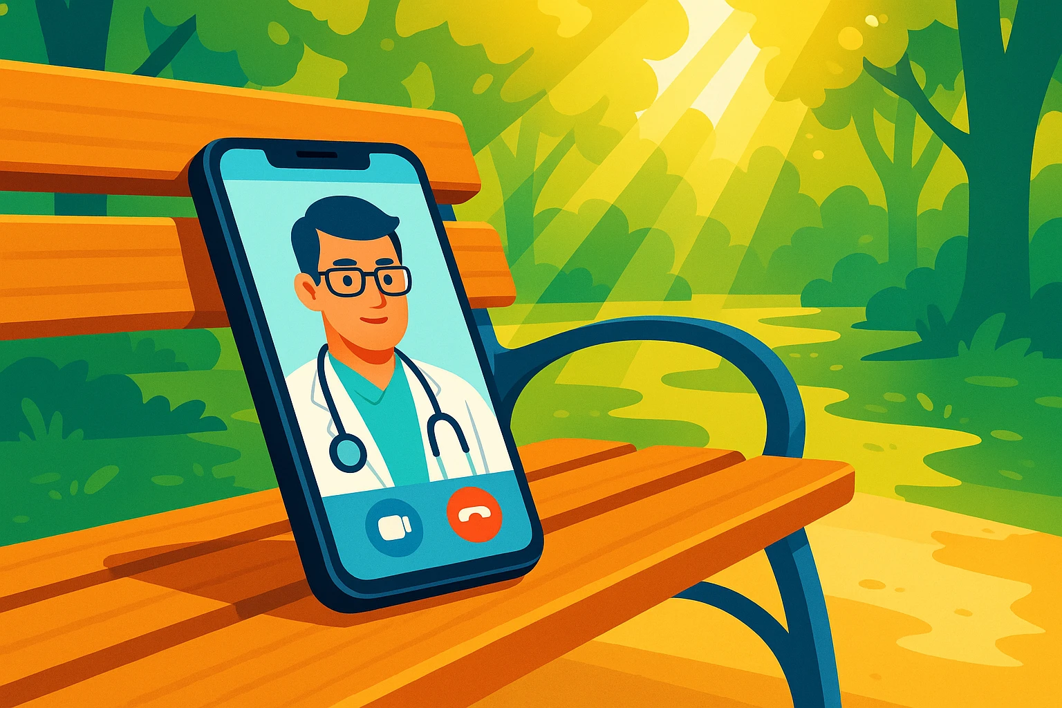 A mobile phone displaying a virtual medical consultation app is resting on a wooden park bench, with sunlight filtering through the trees in the background, symbolizing accessibility and convenience outdoors.
