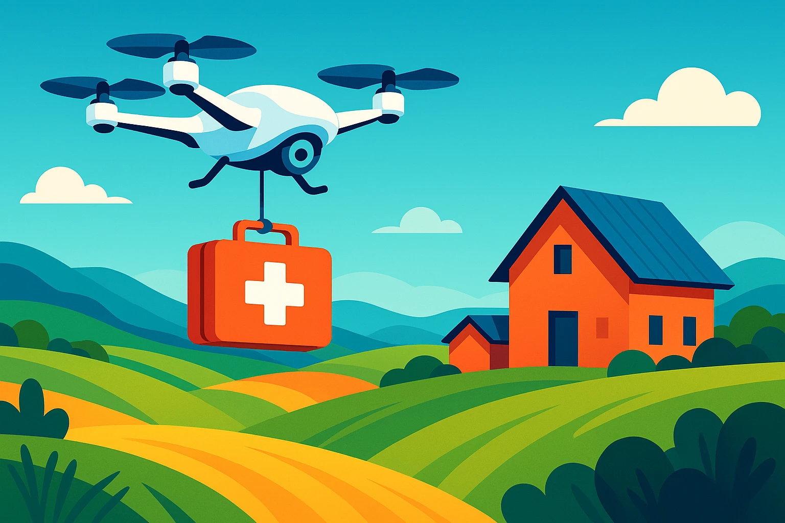 A remote medical drone delivering a first aid kit to a rural farmhouse against a backdrop of rolling hills and clear skies, highlighting cutting-edge technology reaching isolated communities.