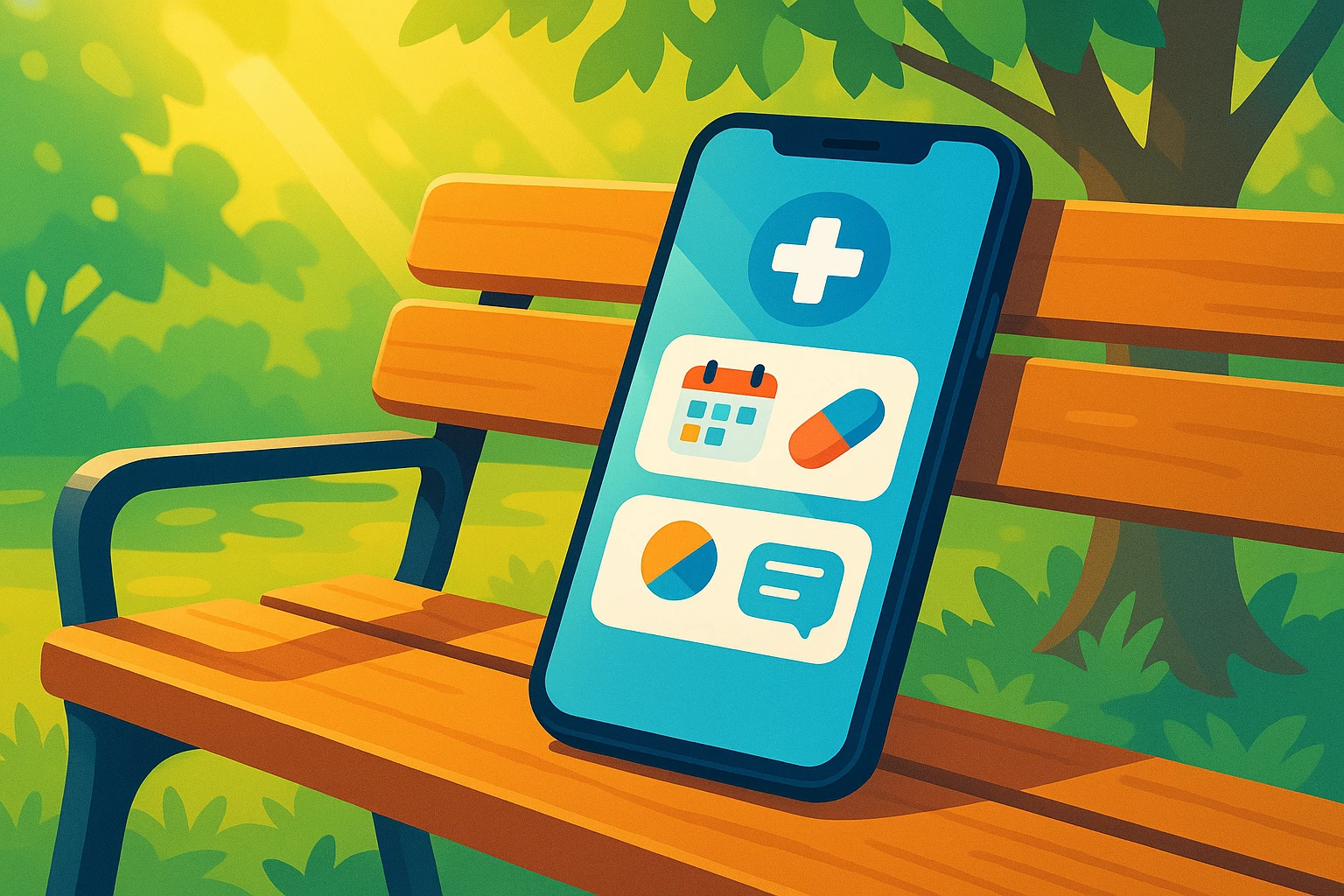 A smartphone screen displaying a healthcare app with interactive options like appointment scheduling and medication reminders, set on a park bench with sunlight filtering through tree leaves.
