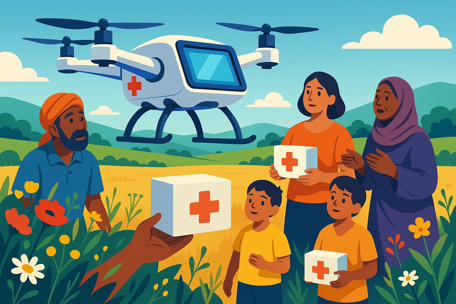 A medical drone equipped with a touchscreen landing in a rural field, surrounded by wildflowers, as villagers gather around to receive telemedicine kits and instructions.