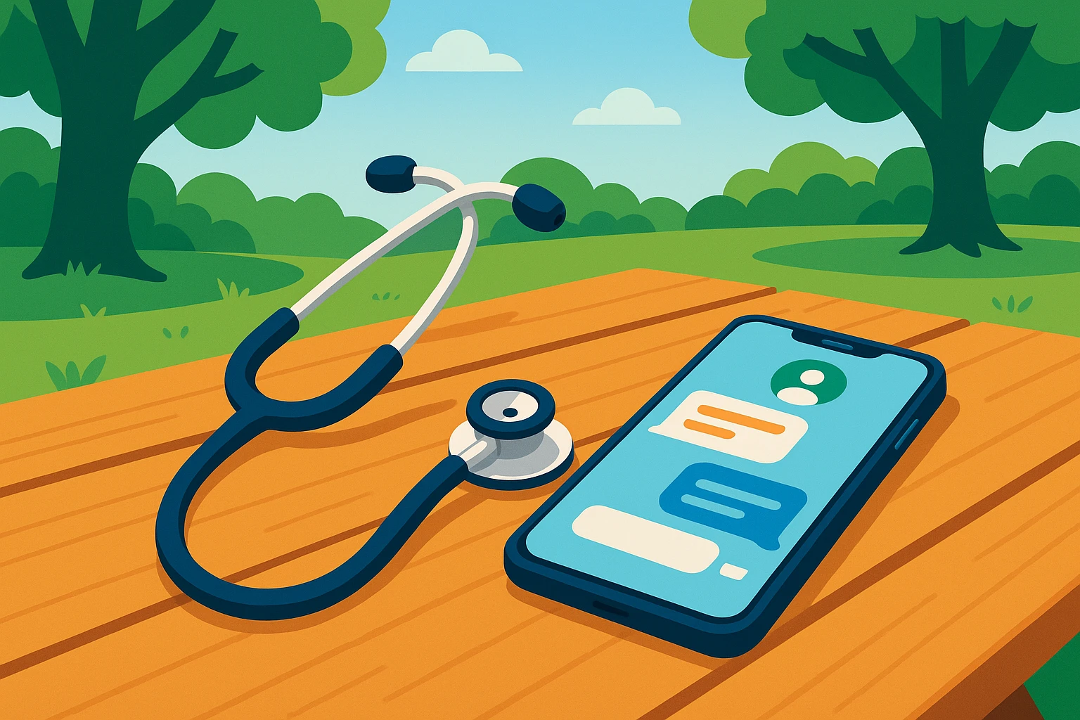 A stethoscope laid beside a smartphone displaying a chat app interface on a wooden picnic table in a park, symbolizing the fusion of healthcare and technology in accessible, natural settings.