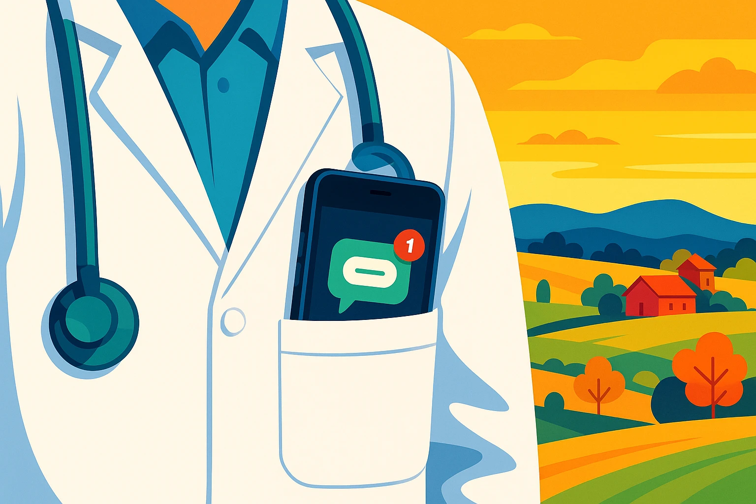 A close-up of a doctor's white coat pocket, partially revealing a smartphone with a visible chat notification, against a backdrop of a vibrant rural landscape with a distant silhouette of hills and scattered farmhouses.