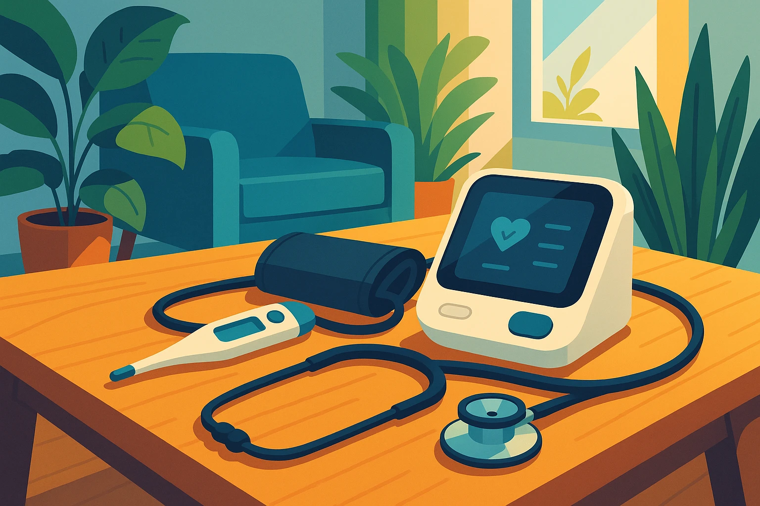 A modern telemedicine kit with a stethoscope, digital thermometer, and blood pressure monitor laid out on a wooden home coffee table, surrounded by plants and natural light streaming through a window.