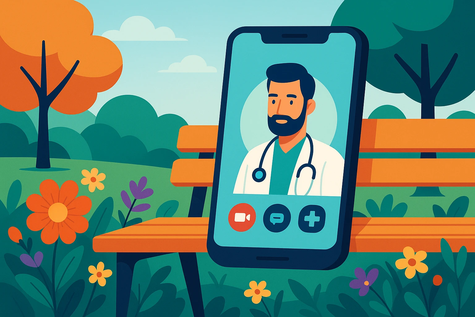 A close-up of a smartphone displaying a virtual medical consultation app interface on a park bench, surrounded by blooming flowers and trees, highlighting nature and tranquility.