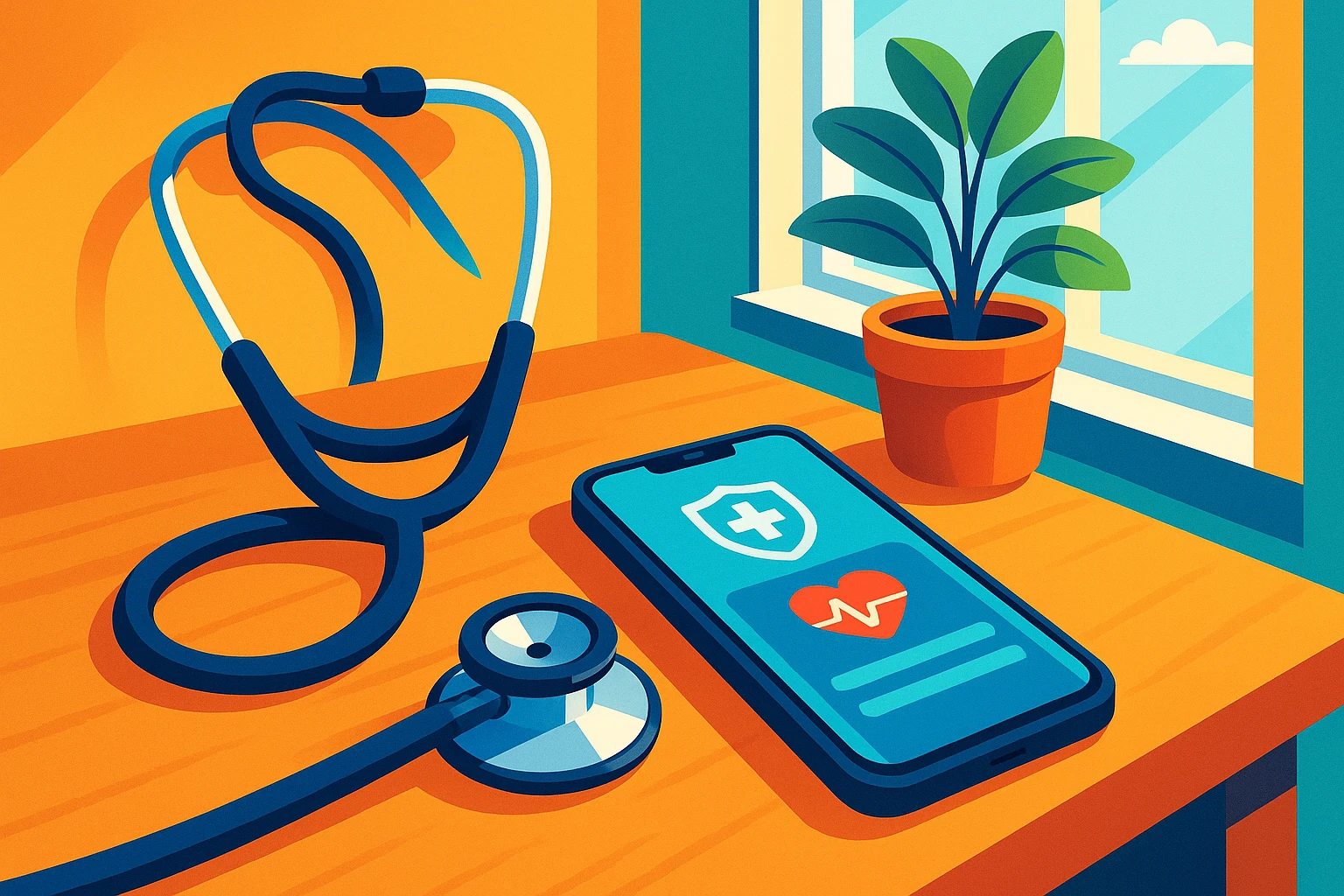 A stethoscope resting on a wooden table beside a smartphone displaying a healthcare app, with a potted plant and a sunlit window in the background.