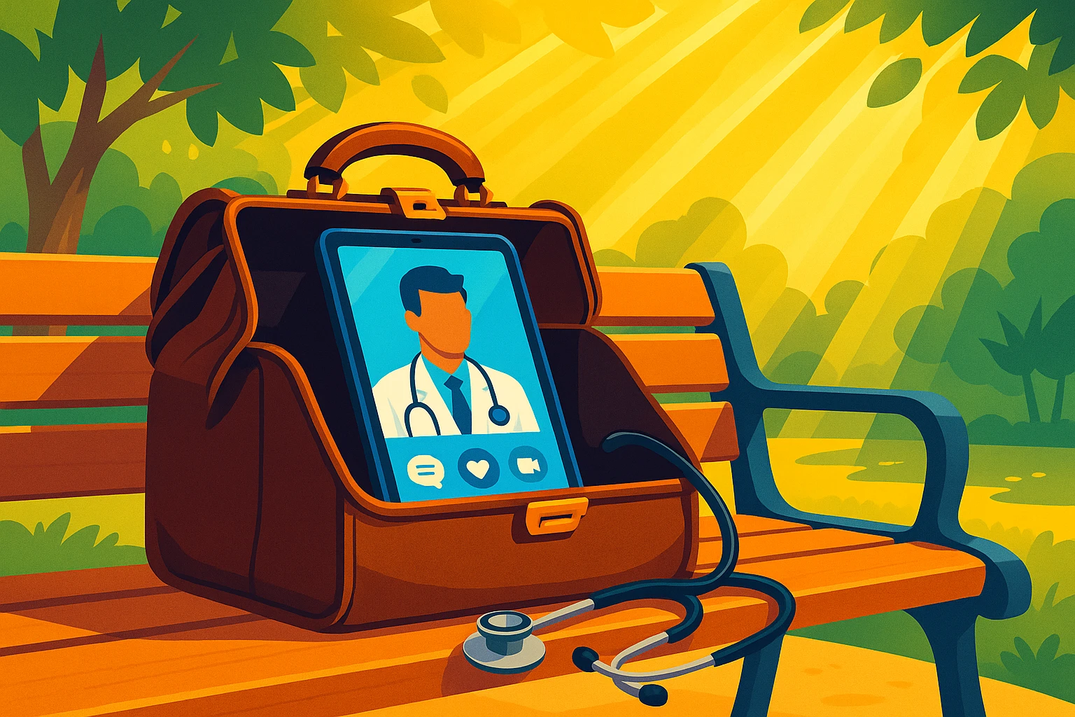 A doctor’s medical bag open on a park bench, containing a tablet device displaying a telehealth app, surrounded by sunlight streaming through tree leaves.