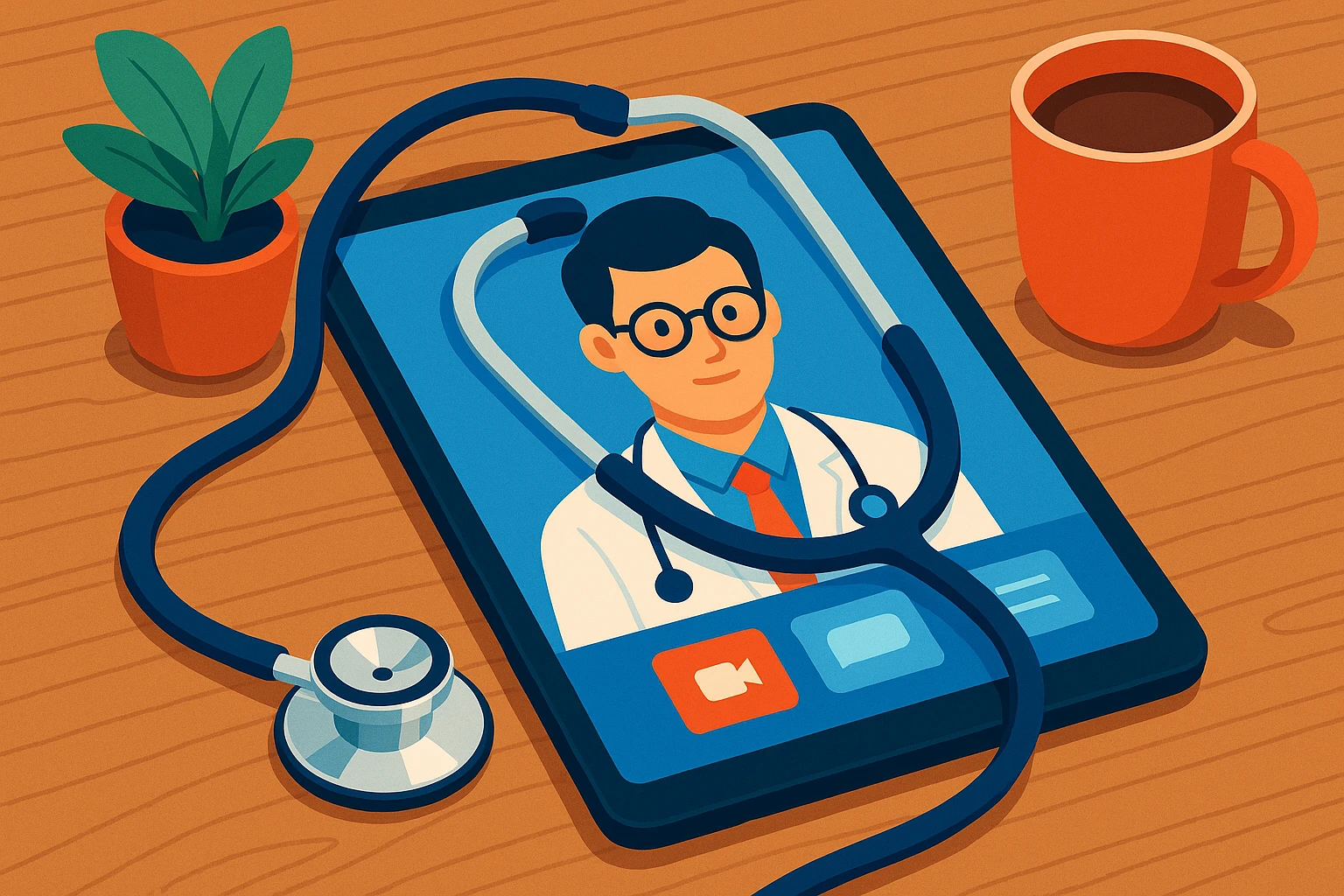 A stethoscope lying on top of a tablet that displays a virtual doctor app interface, set on a wooden table adorned with a small potted plant and a coffee mug.