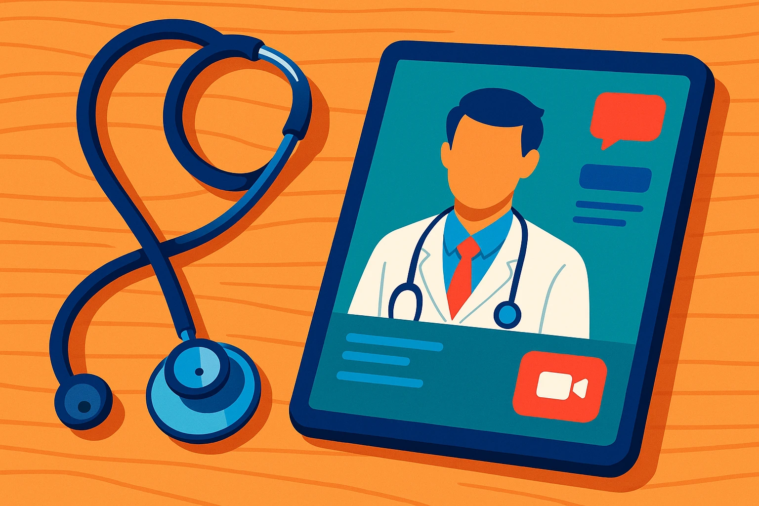 A stethoscope resting on a wooden table next to a tablet displaying a virtual medical consultation app interface.