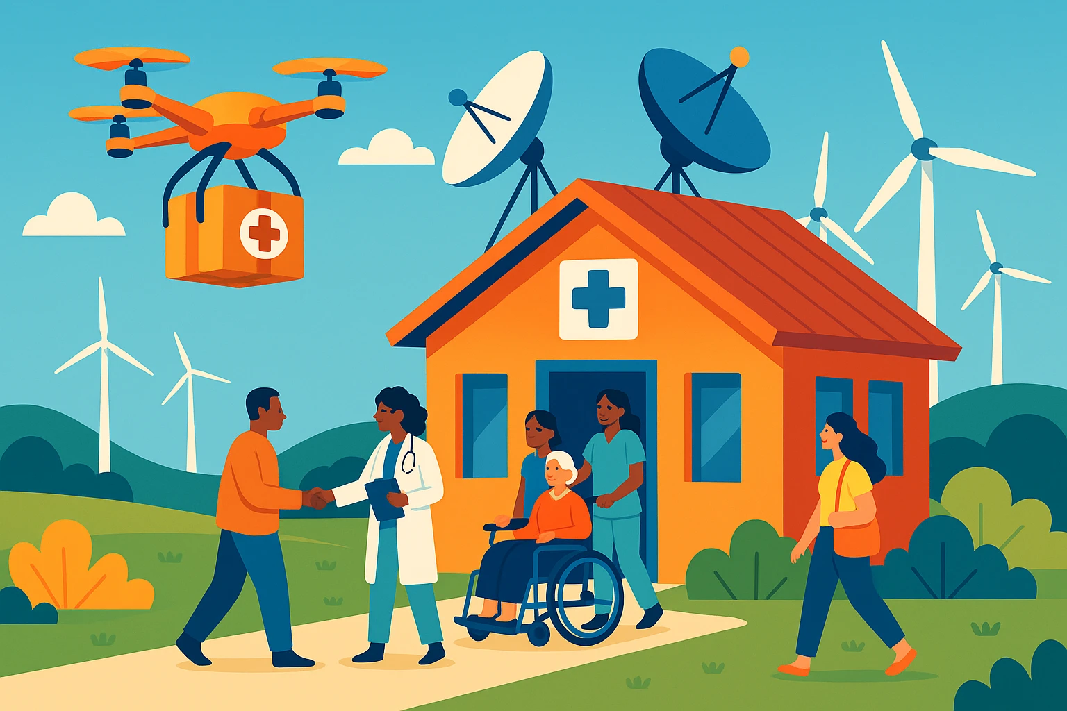 A bustling rural clinic with a satellite dish on the roof and wind turbines in the background, signifying connectivity and sustainable energy, while a package drone delivers medical supplies, illustrating the reach of online healthcare services.