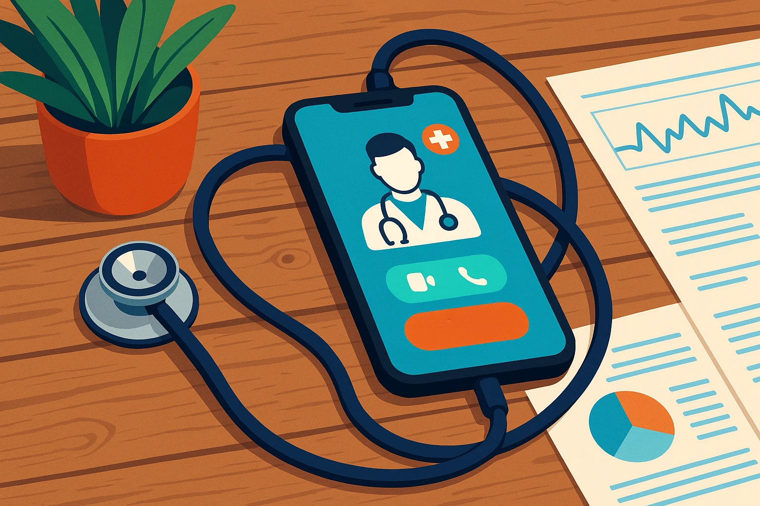 A stethoscope connected to a smartphone displaying a telemedicine app interface, set on a rustic wooden table with medical charts and a potted plant in the background.