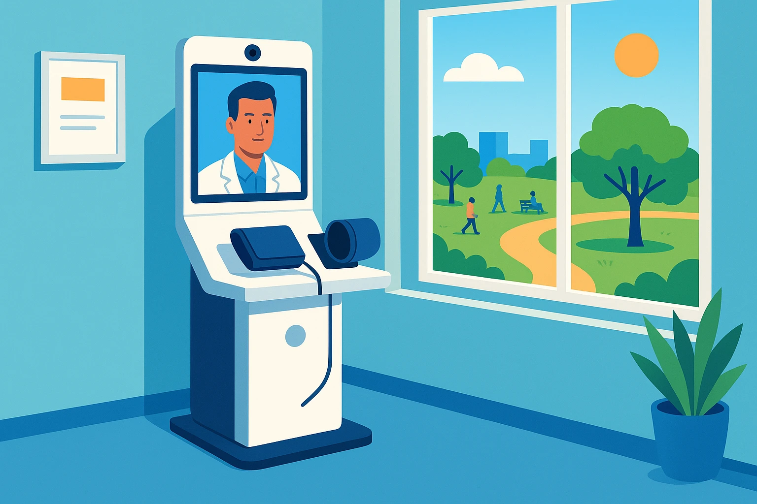 A brightly lit clinic room showcasing a sleek telemedicine kiosk with built-in video conferencing tools and a blood pressure cuff, positioned next to a large window with a view of a sunny community park.