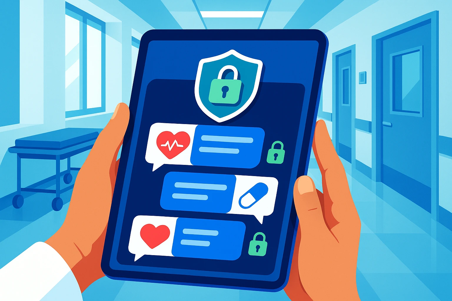 A close-up of a secure medical app displayed on a sleek tablet held by hands in a bright hospital corridor, showing encrypted messages with medical icons and padlock symbols.