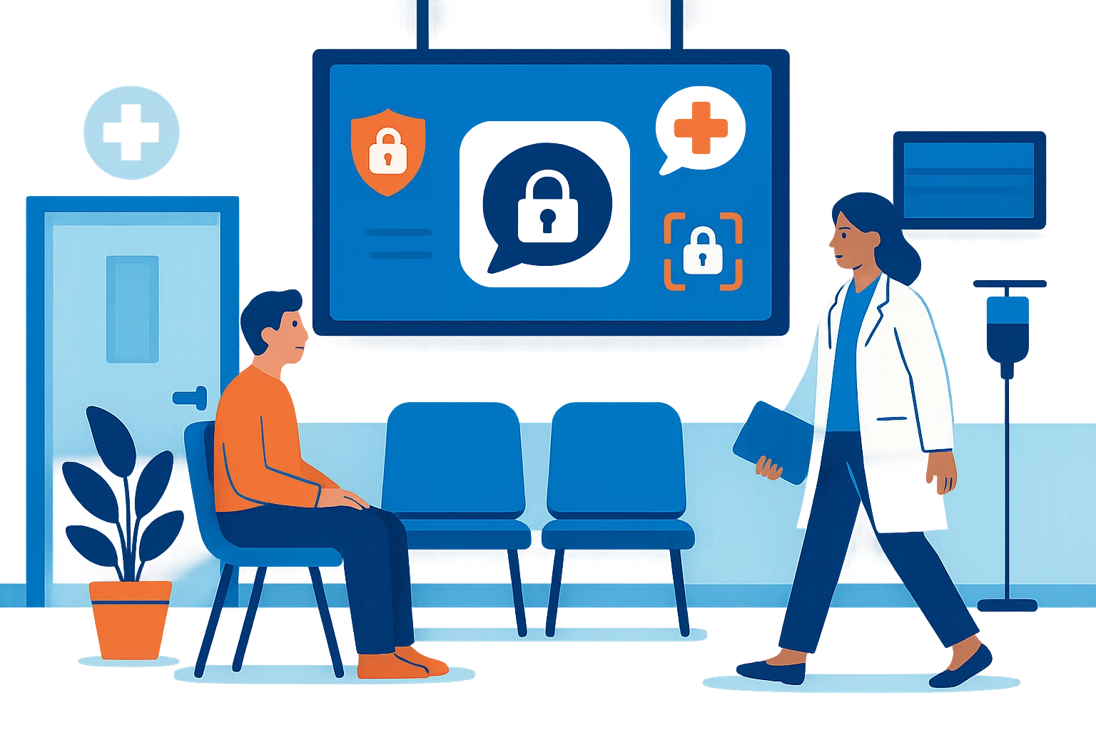 A hospital setting with a secure chat app logo displayed on a digital information board in the waiting area, featuring icons for encryption, medical chat, and data protection.