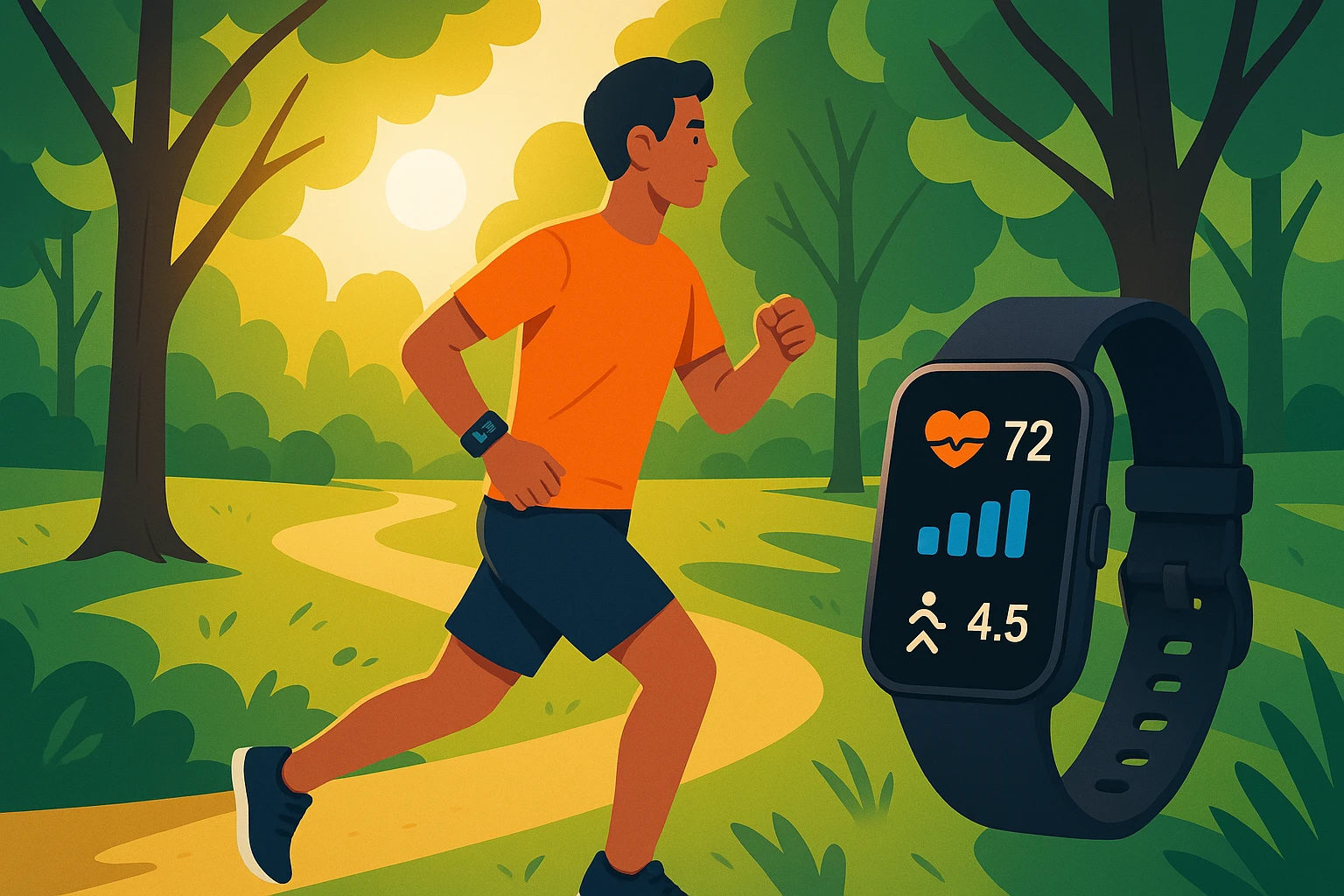 A person jogging through a serene park, wearing a sleek fitness tracker that monitors health metrics, with the sun gently filtering through the trees, highlighting the device's digital interface.