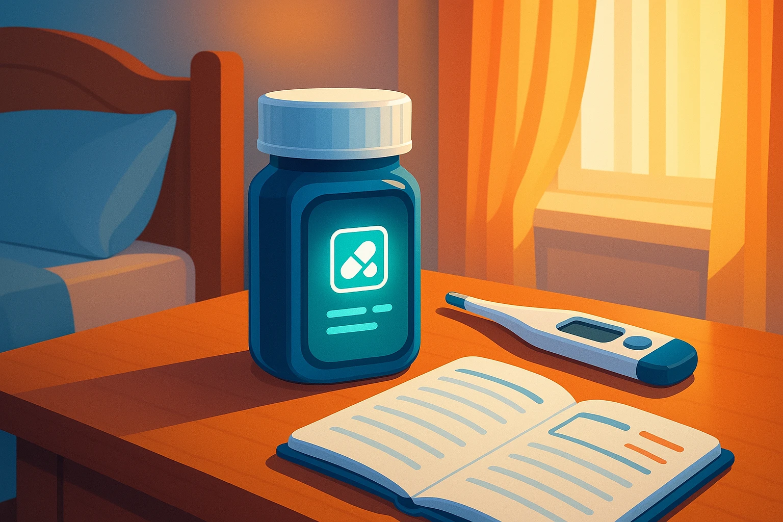 A close-up of a smart pill bottle on a bedside table, with an illuminated digital display showing medication reminders, surrounded by a digital thermometer and an open health journal, set against the backdrop of a cozy bedroom with soft morning light filtering through the curtains.