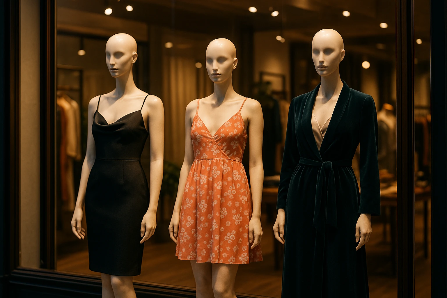 A vibrant boutique window display featuring mannequins dressed in a variety of styles such as a sleek cocktail gown, a casual sundress, and an elegant evening ensemble, each marked with tags for different occasions under soft, ambient lighting.