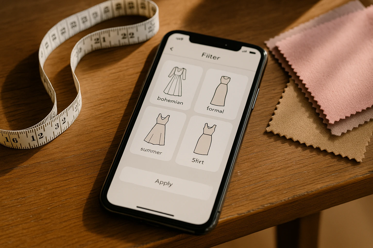 A smartphone displaying a shopping app screen, showing various filter options for dresses such as 