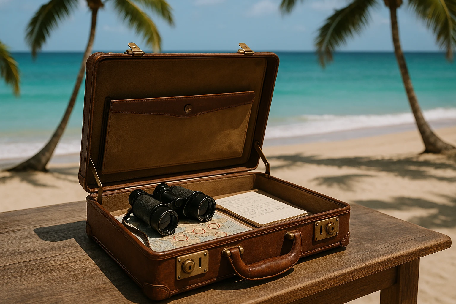 A vintage leather briefcase open on a beachside table in the Dominican Republic, containing a set of binoculars, a notepad with handwritten notes, and a map marked with red circles, with the ocean and palm trees in the background.