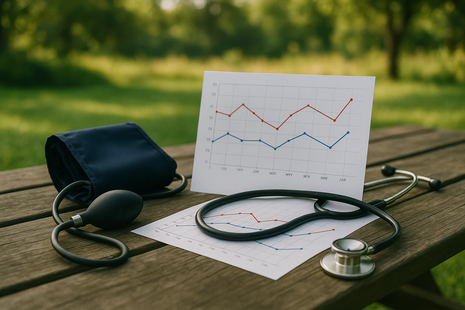 In a serene outdoor setting, medical instruments like a stethoscope and blood pressure cuff rest on a wooden picnic table beside a chart displaying lab result trends over months, with colorful lines indicating fluctuations in glucose and cholesterol levels.