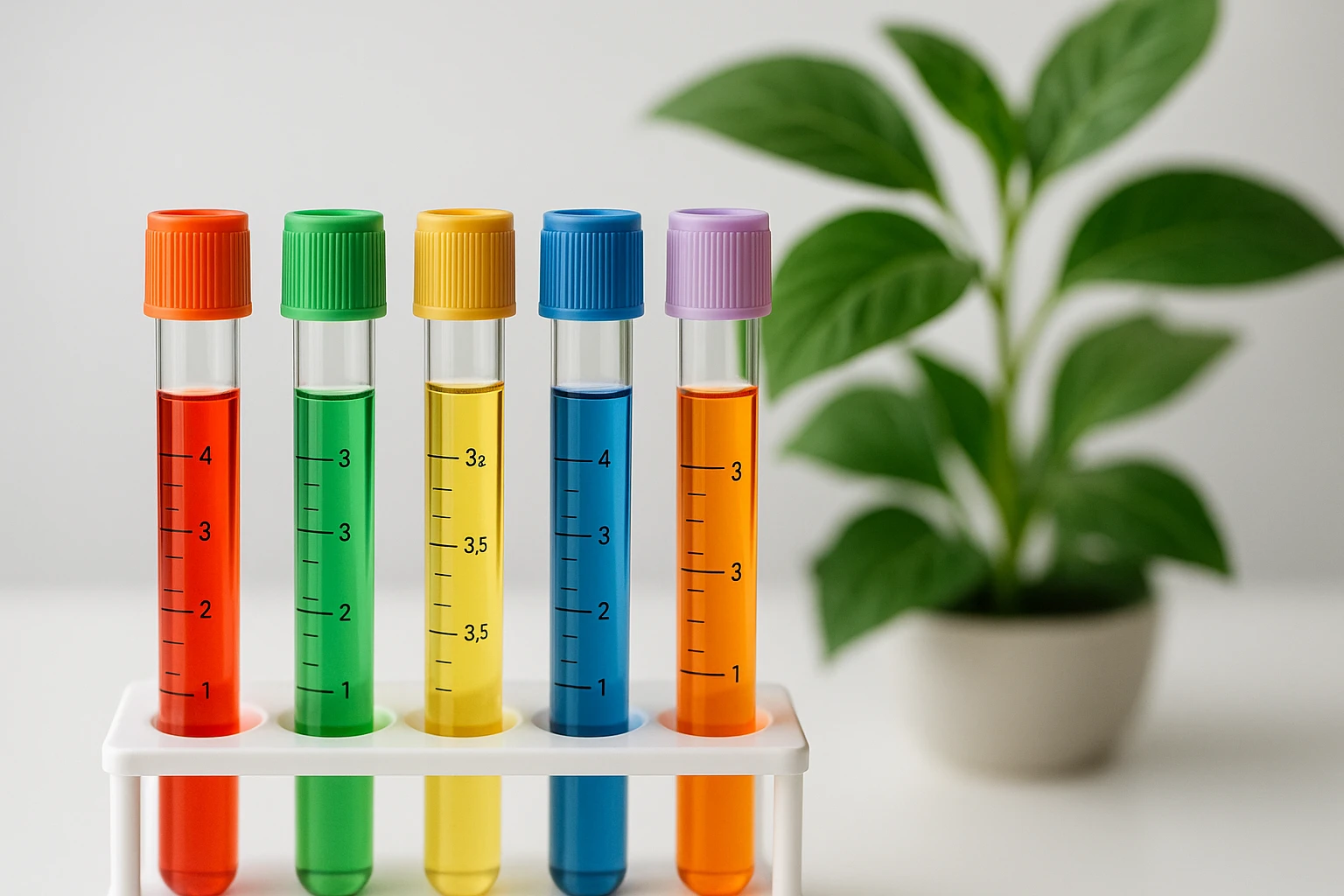 A close-up image of a diverse set of colorful lab test tubes, each labeled with different numerical values, placed on a white table with a plant in the background to symbolize natural health.