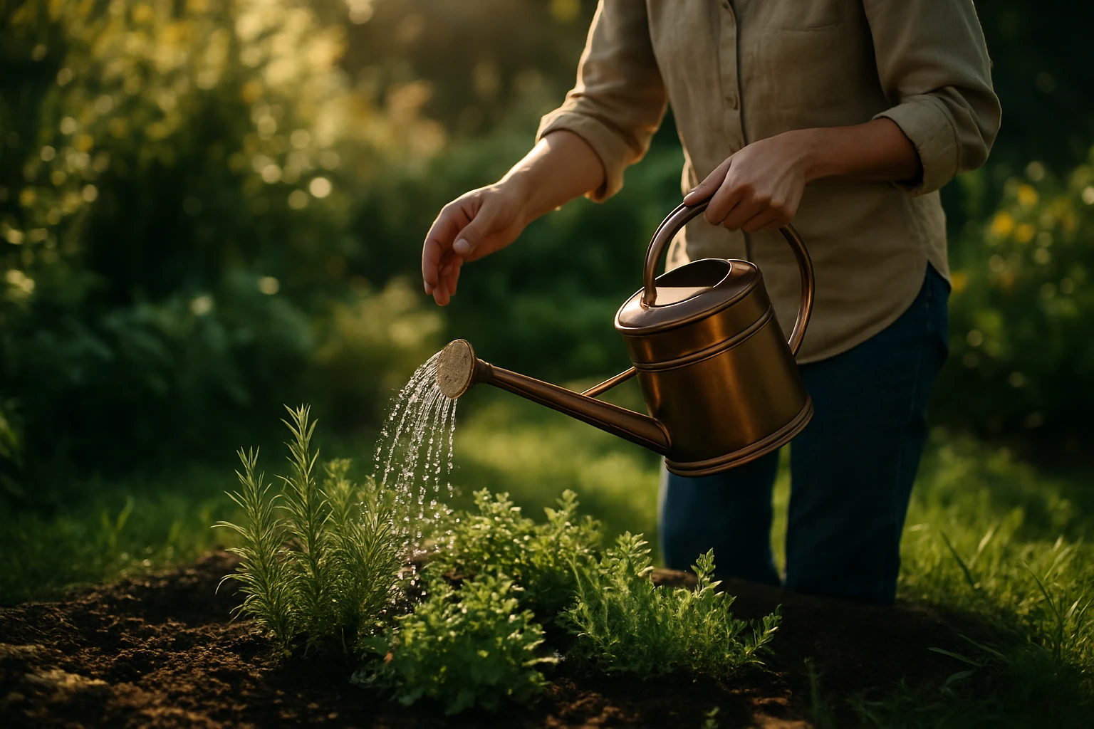 A garden in early morning light, where a person gently tends to a small herb patch, watering the plants with a copper watering can, symbolizing early intervention and nurturing growth before more drastic measures are needed.