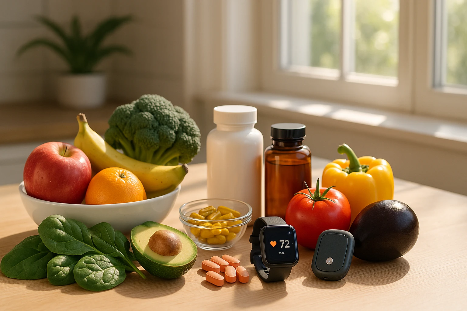 A kitchen counter with various fresh fruits, vegetables, supplements, and health tracking gadgets like a smartwatch and glucose monitor, set against a backdrop of sunlight streaming through a window.