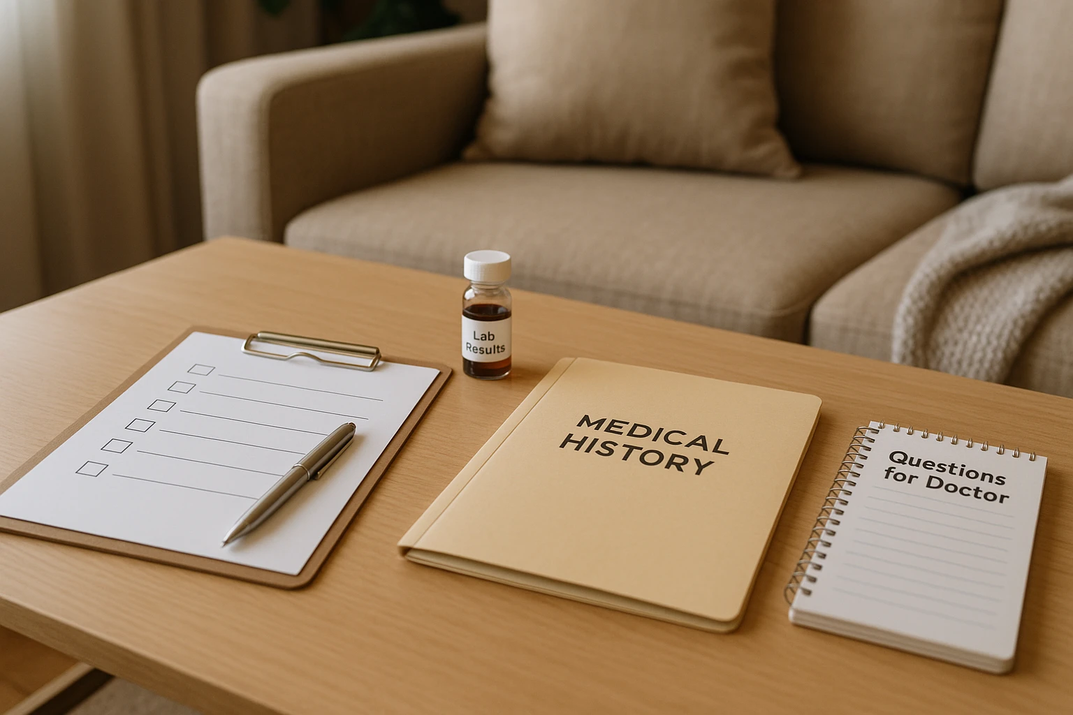 A neatly organized table with a checklist, medical history folder, a vial labeled 