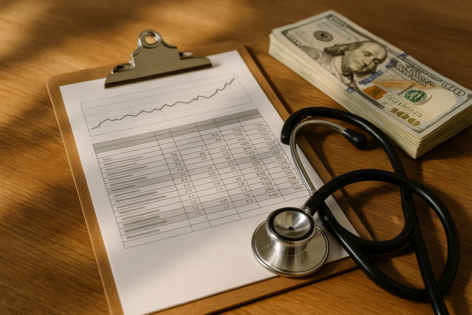 A close-up of a healthcare pricing chart displayed on a clipboard, next to a stack of cash and a stethoscope, set on a wooden table in natural sunlight.