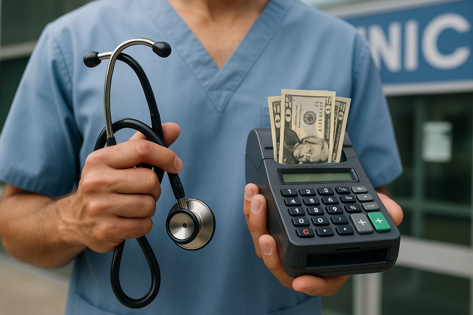 A close-up of a healthcare provider's hands holding a stethoscope and a cash register with dollar bills, set against a backdrop of a medical clinic's signage, illustrating the shift to cash pay labs.