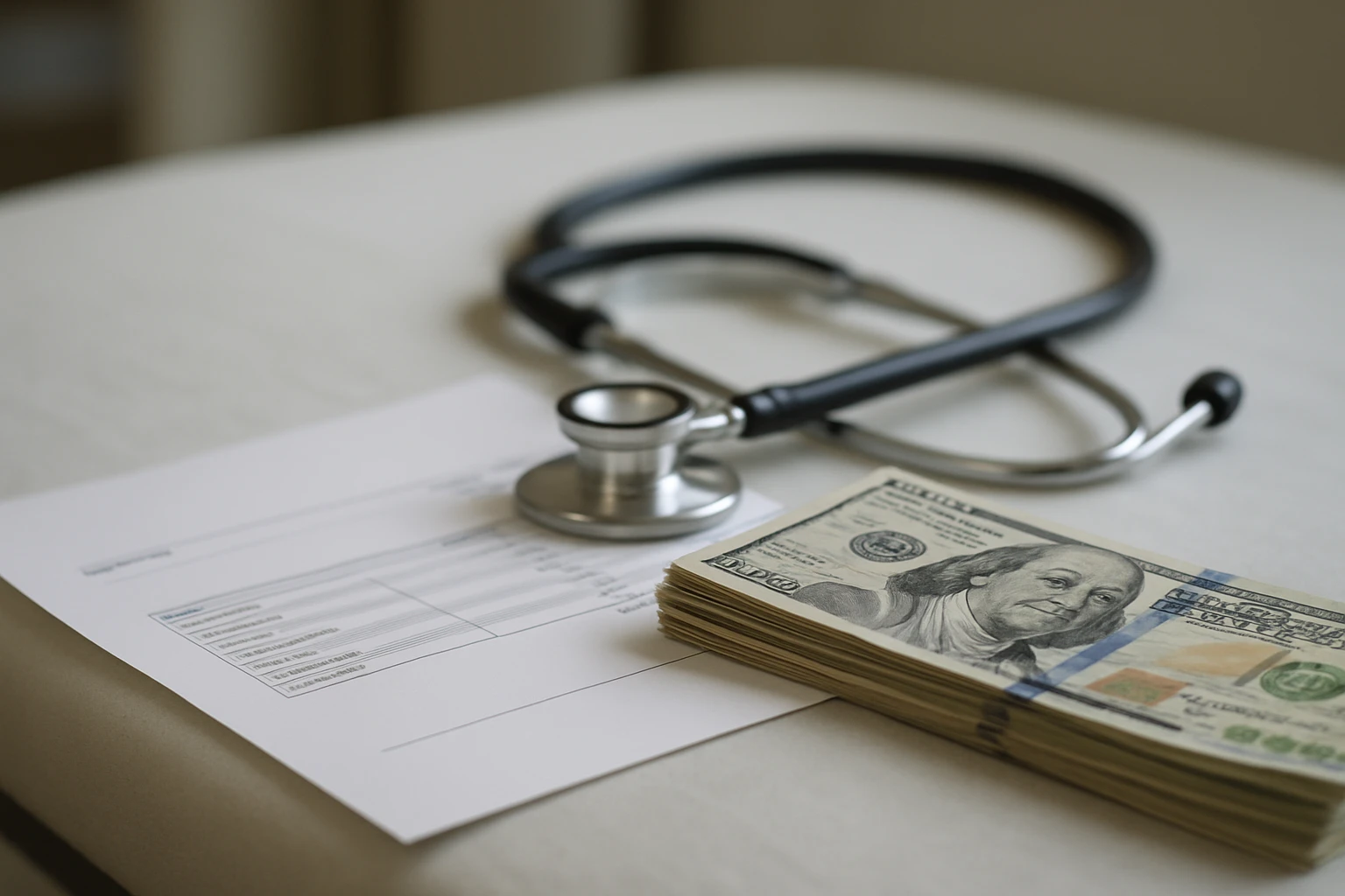 A close-up of a medical bill and a stack of dollar bills on a doctor's examination table, with a stethoscope in the background, emphasizing the concept of cash payment for healthcare services.