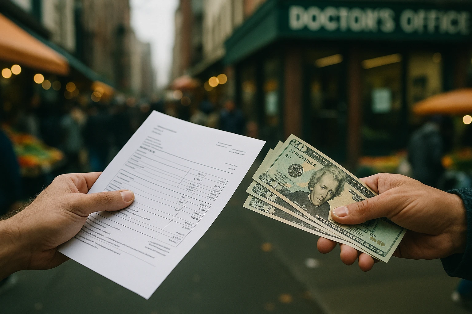In a bustling city market, a medical bill is being discreetly exchanged for cash, with a doctor's office sign visible in the background, symbolizing the 