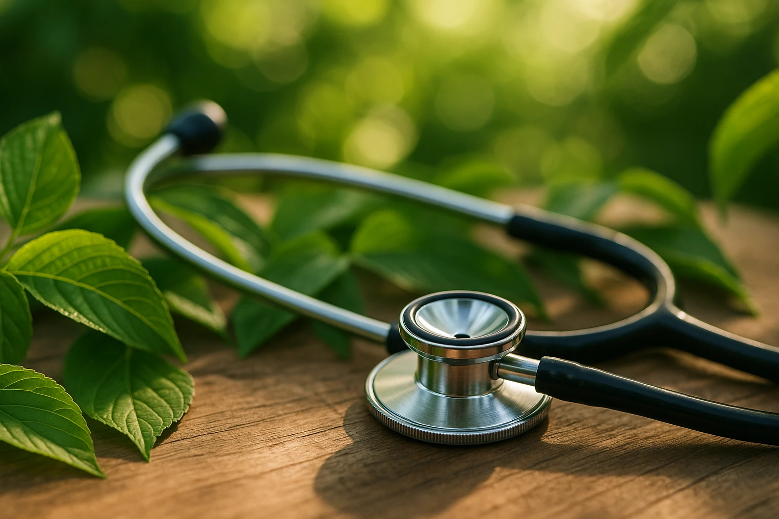A close-up of a stethoscope resting on a wooden table surrounded by vibrant green leaves, symbolizing the intersection of heart health and natural remedies, with sunlight filtering through the foliage.