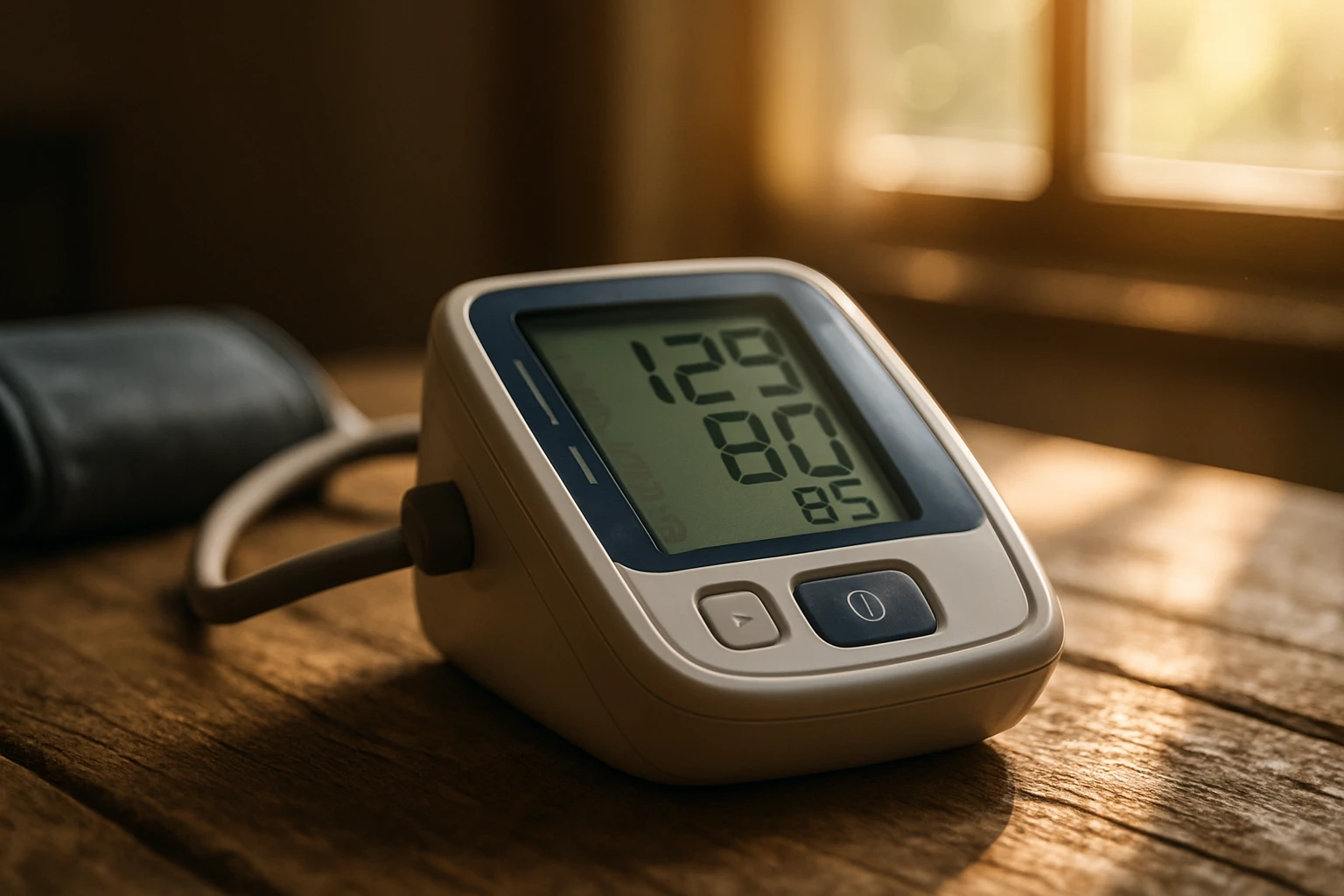 A close-up of a blood pressure monitor on a rustic wooden table, its digital screen displaying elevated numbers, with sunlight streaming through a nearby window, highlighting the device as an essential tool for detecting silent hypertension.