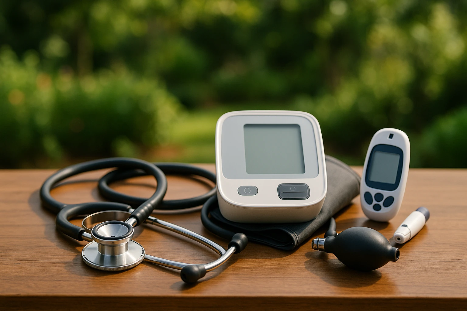 A close-up of a stethoscope, a blood pressure monitor, and a blood sugar testing kit neatly arranged on a wooden table in an outdoor garden setting, symbolizing the interconnectedness of vital health metrics like hypertension, cholesterol, and metabolic syndrome.