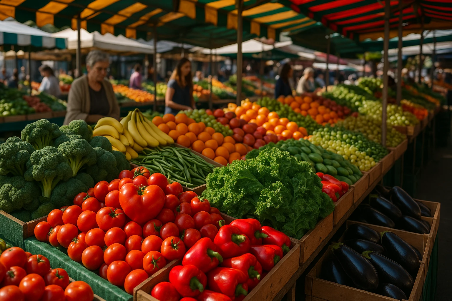 A vibrant farmer's market scene with colorful stalls showcasing fresh fruits and vegetables, emphasizing a heart-healthy diet for naturally lowering blood pressure.