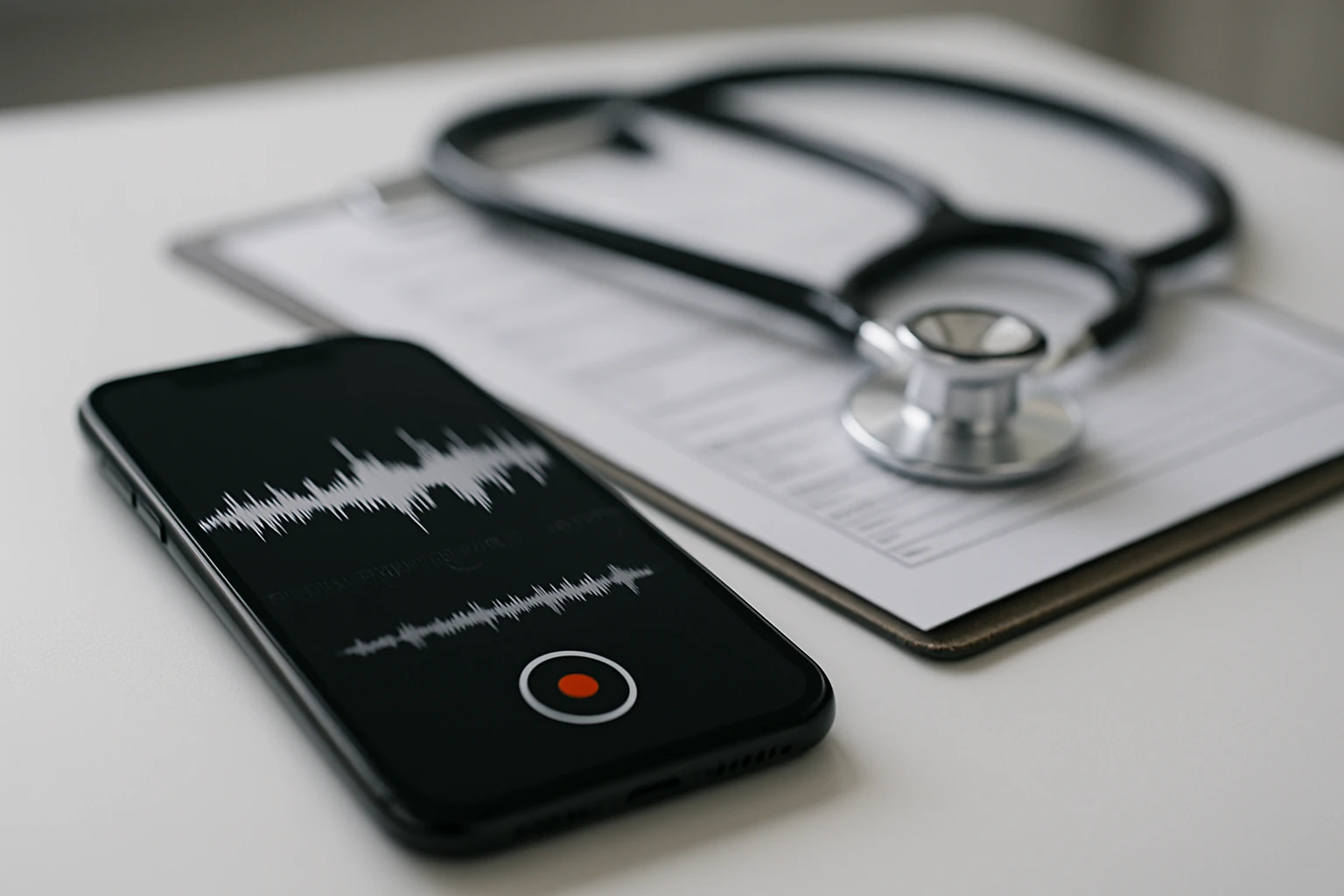 A close-up of a smartphone screen displaying an audio recording app, with a stethoscope and a medical chart lying on a clean, white examination table in the background.