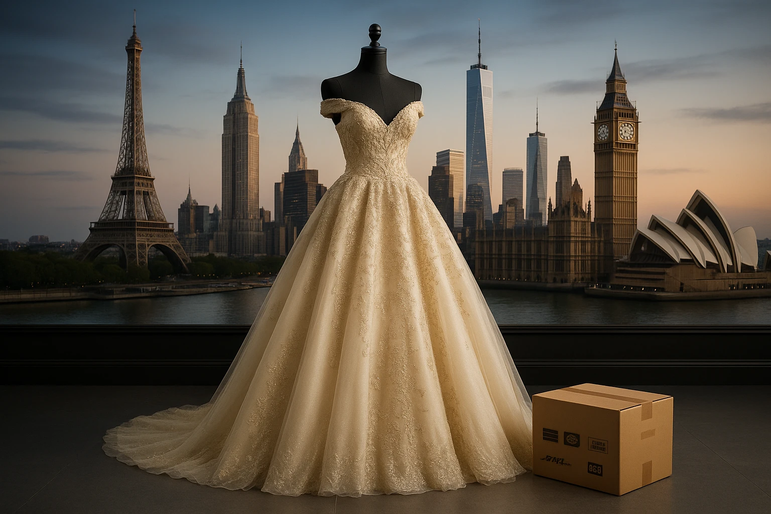 A luxurious gown displayed elegantly on a mannequin in front of a backdrop featuring iconic international city skylines, with a courier box labeled with global shipping brands resting at its base.