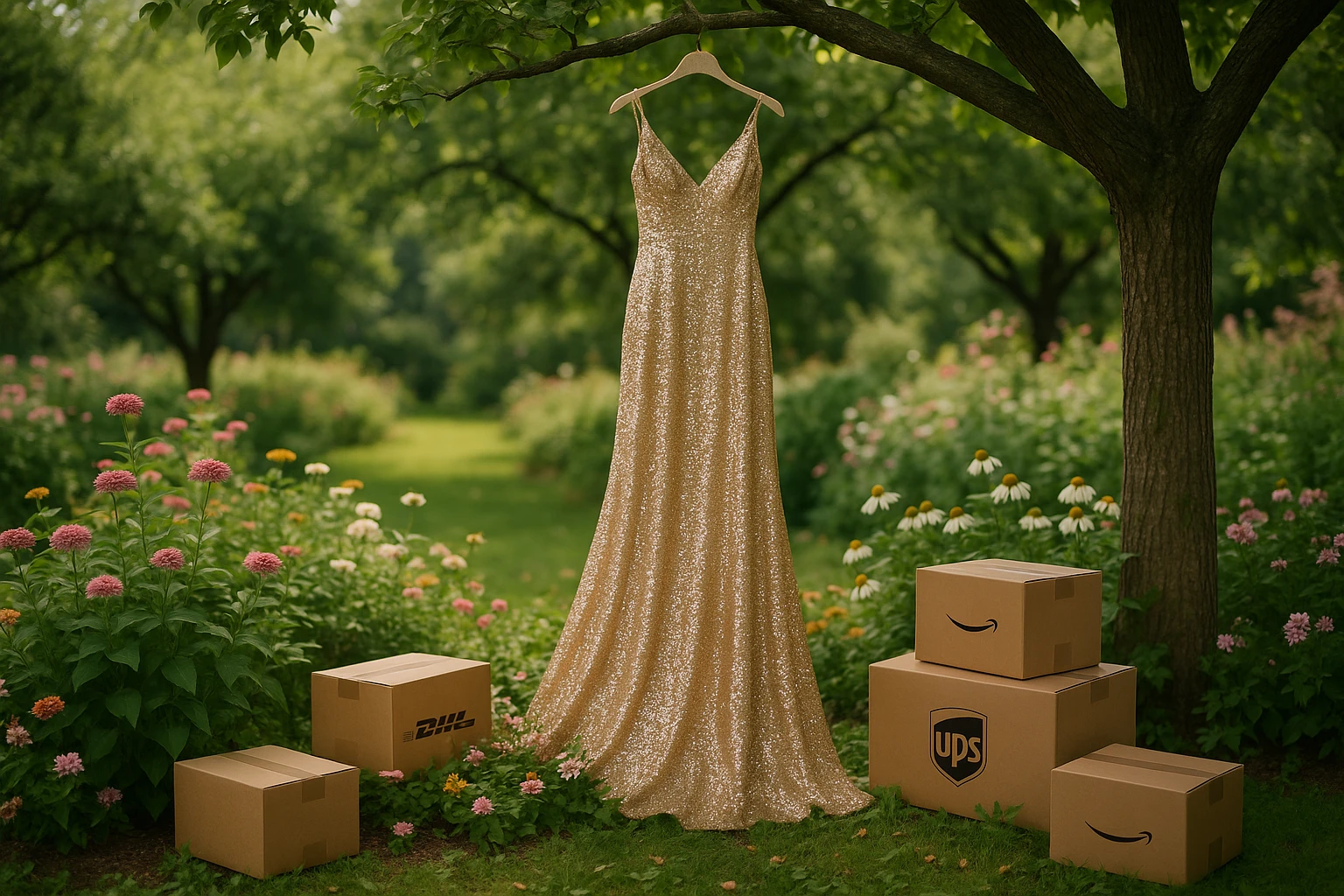 A luxurious sequined evening dress hangs elegantly from a tree branch in a picturesque garden, with international shipping boxes scattered among lush flowers below, some displaying recognizable global shipping logos.