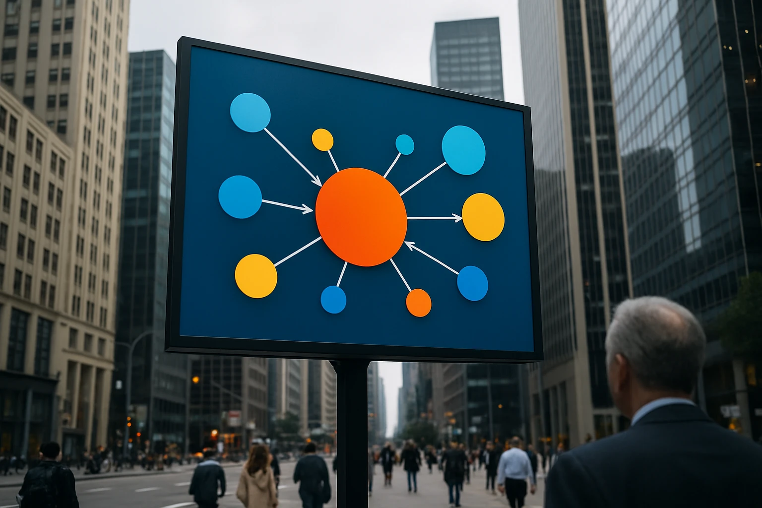 A vibrant outdoor billboard in a bustling city displays a dynamic infographic about backlinks, with interconnected nodes representing various domains, against the backdrop of skyscrapers and pedestrians.