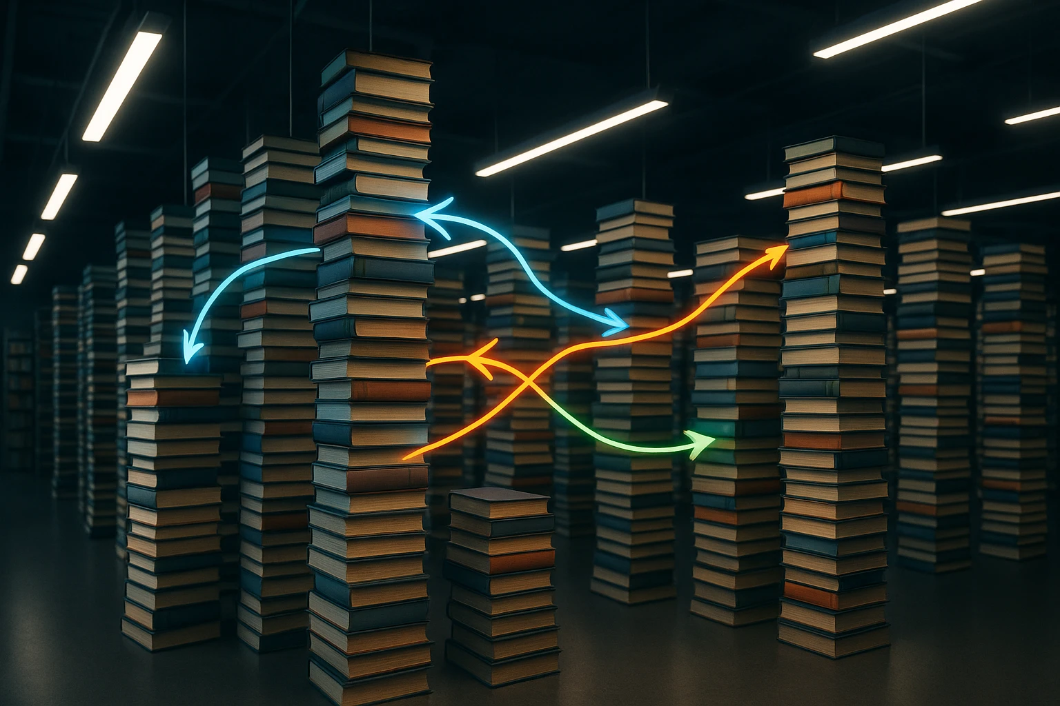 A futuristic library filled with towering stacks of interconnected books, each book representing a backlink, with vibrant arrows curving between them to illustrate network paths, under sleek, hanging LED lights.