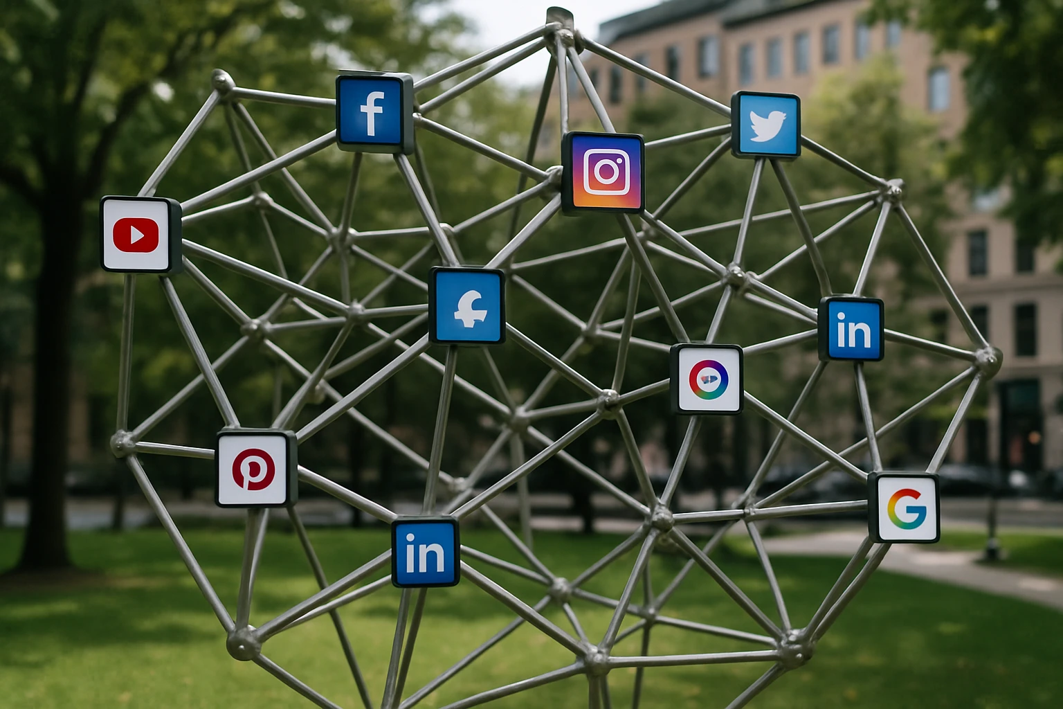 An urban park features a sculpture made of interconnected metal rods forming a web-like structure, with small digital screens embedded at various nodes displaying the logos of popular websites and social media platforms, symbolizing backlinks in a physical form.