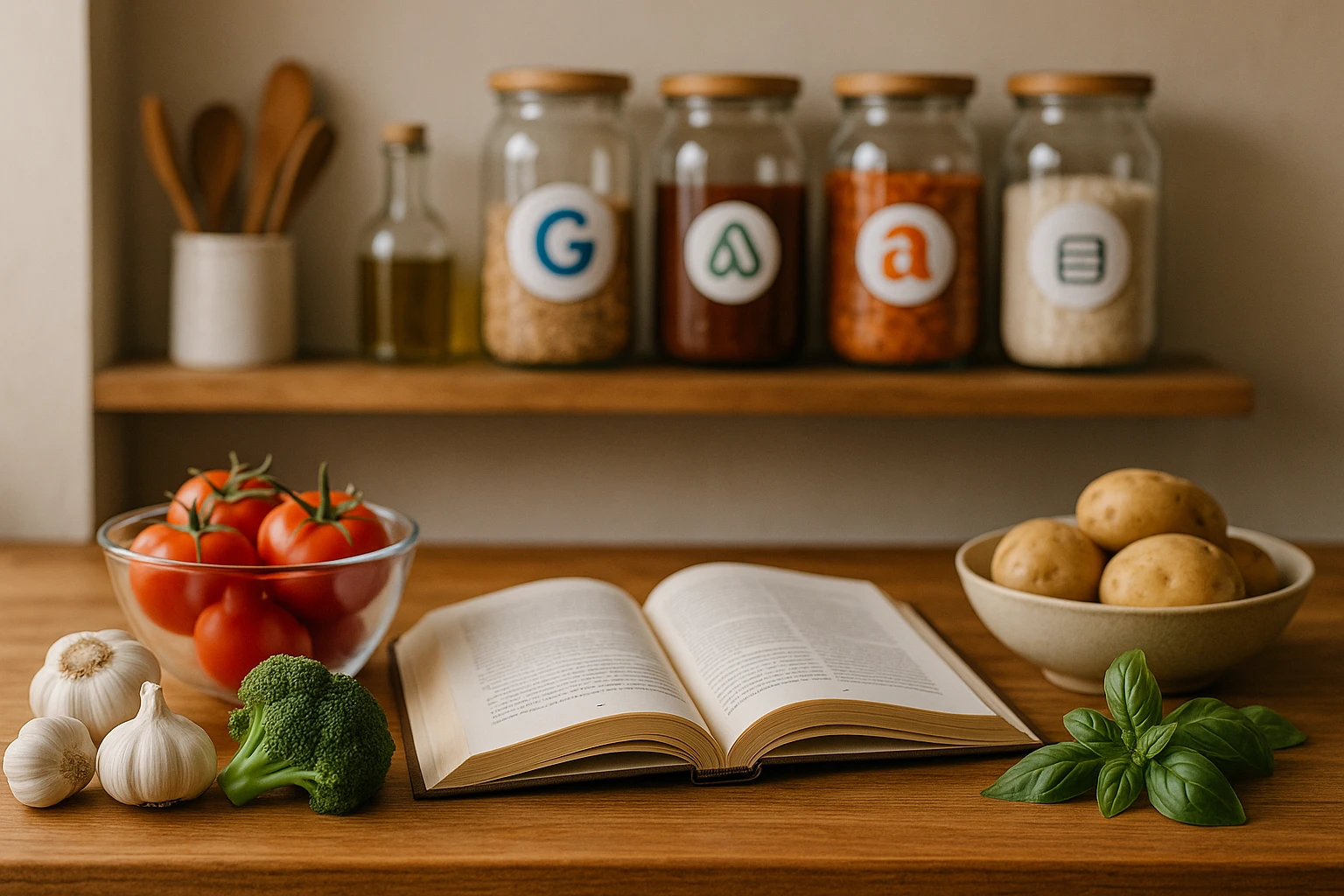 A cozy kitchen scene features a wooden countertop brimming with fresh ingredients and an open cookbook. In the background, a shelf displays jars labeled with logos of famous culinary websites, symbolizing strategic, authentic partnerships in backlinking.