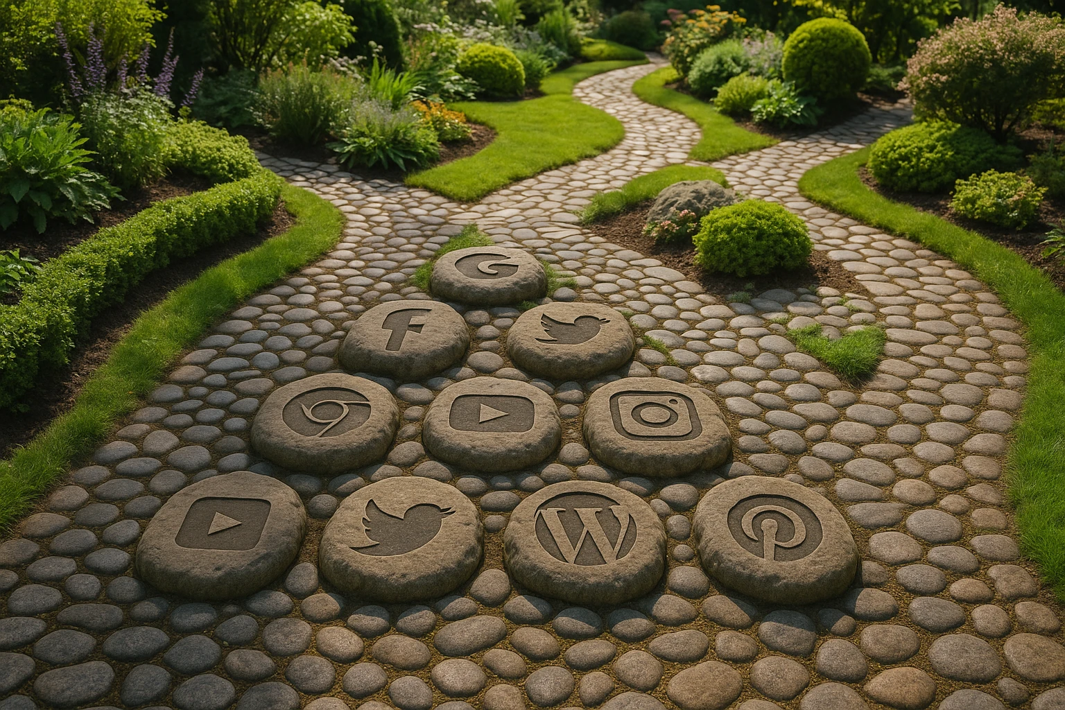A picturesque garden with intricate pathways made of cobblestones, where each stone is engraved with the logo of a different well-known website or brand, symbolizing the connections created through strategic backlinking.