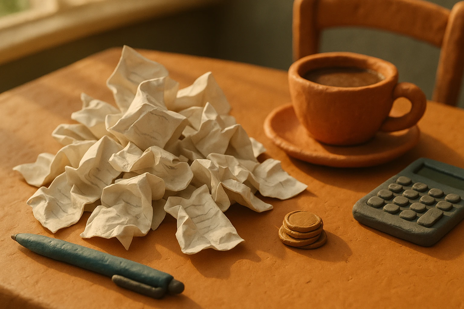 A pile of crumpled receipts scattered on a café table next to a cup of coffee and a pen, with a small stack of coins and a calculator nearby under the soft glow of morning light.