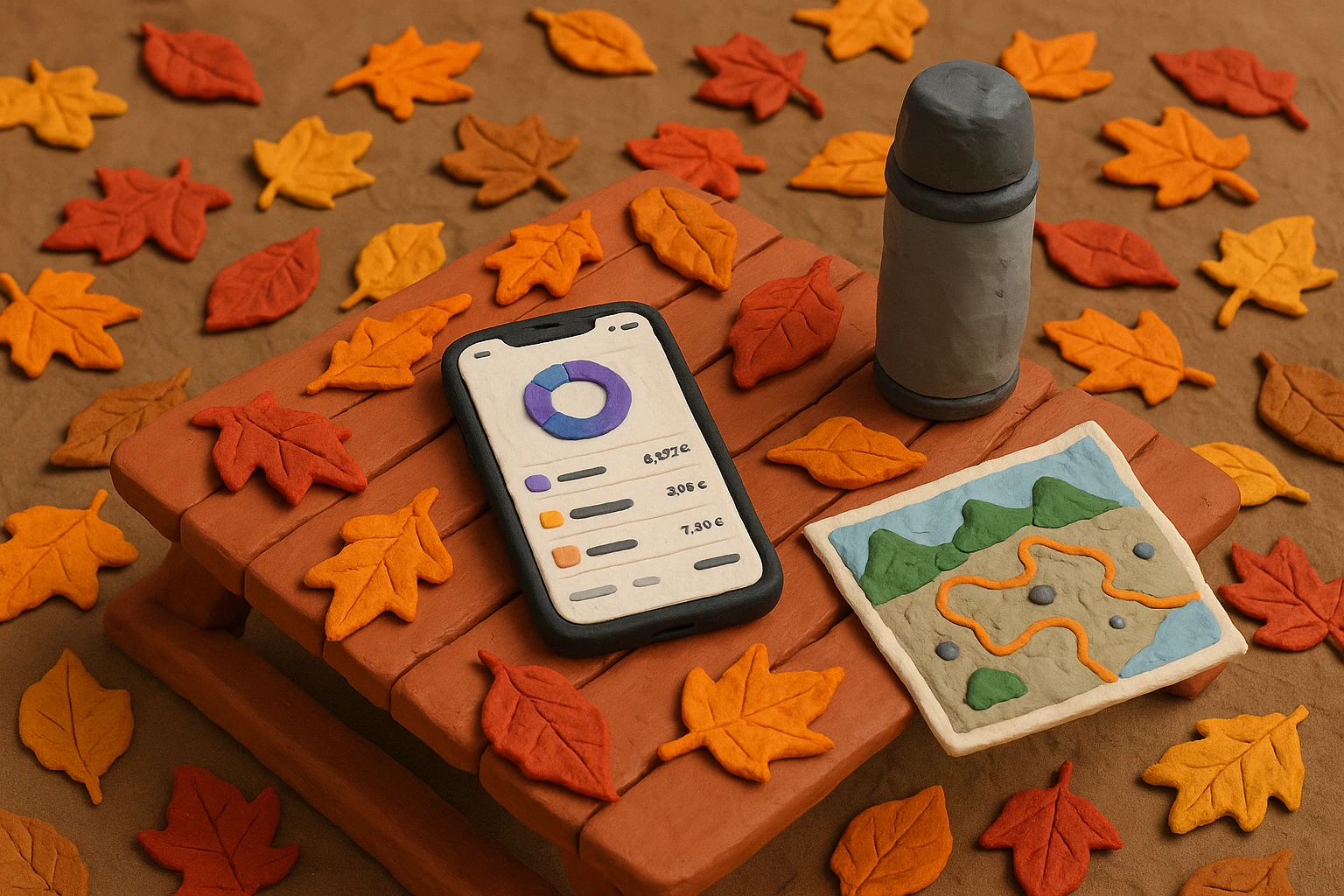 A sleek expense management app open on a smartphone rests on a wooden picnic table surrounded by colorful autumn leaves, with a thermos and a hiking map nearby.