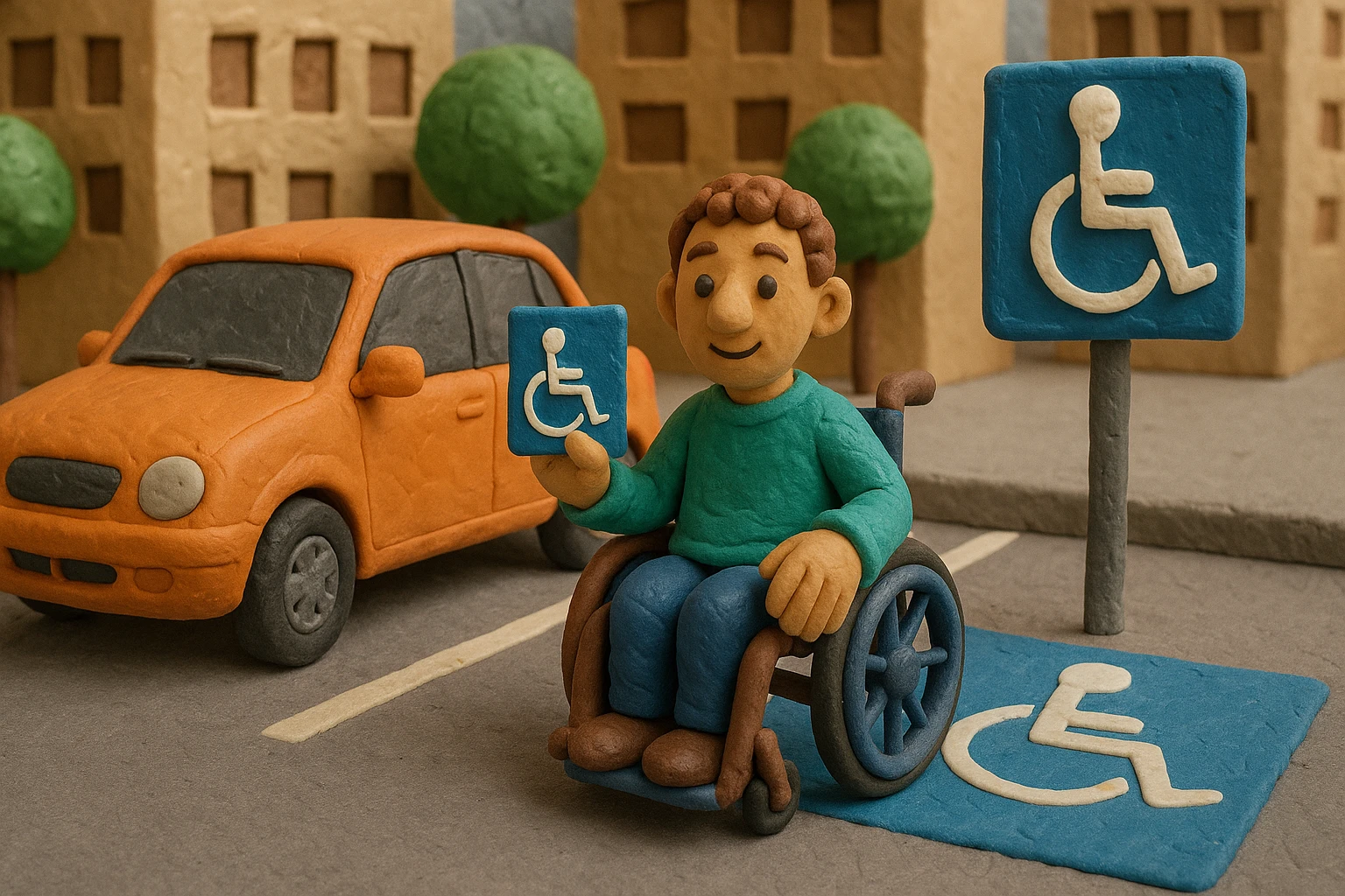 A person in a wheelchair holds a mobility card next to a parked car with a visible disabled parking sign, emphasizing accessibility and independence in a city parking lot.