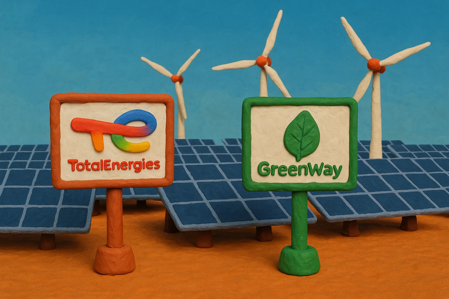A solar farm under a clear blue sky showcasing TotalEnergies and GreenWay logos on signboards, with rows of solar panels and wind turbines in the background, symbolizing the dual approach to clean energy strategies.