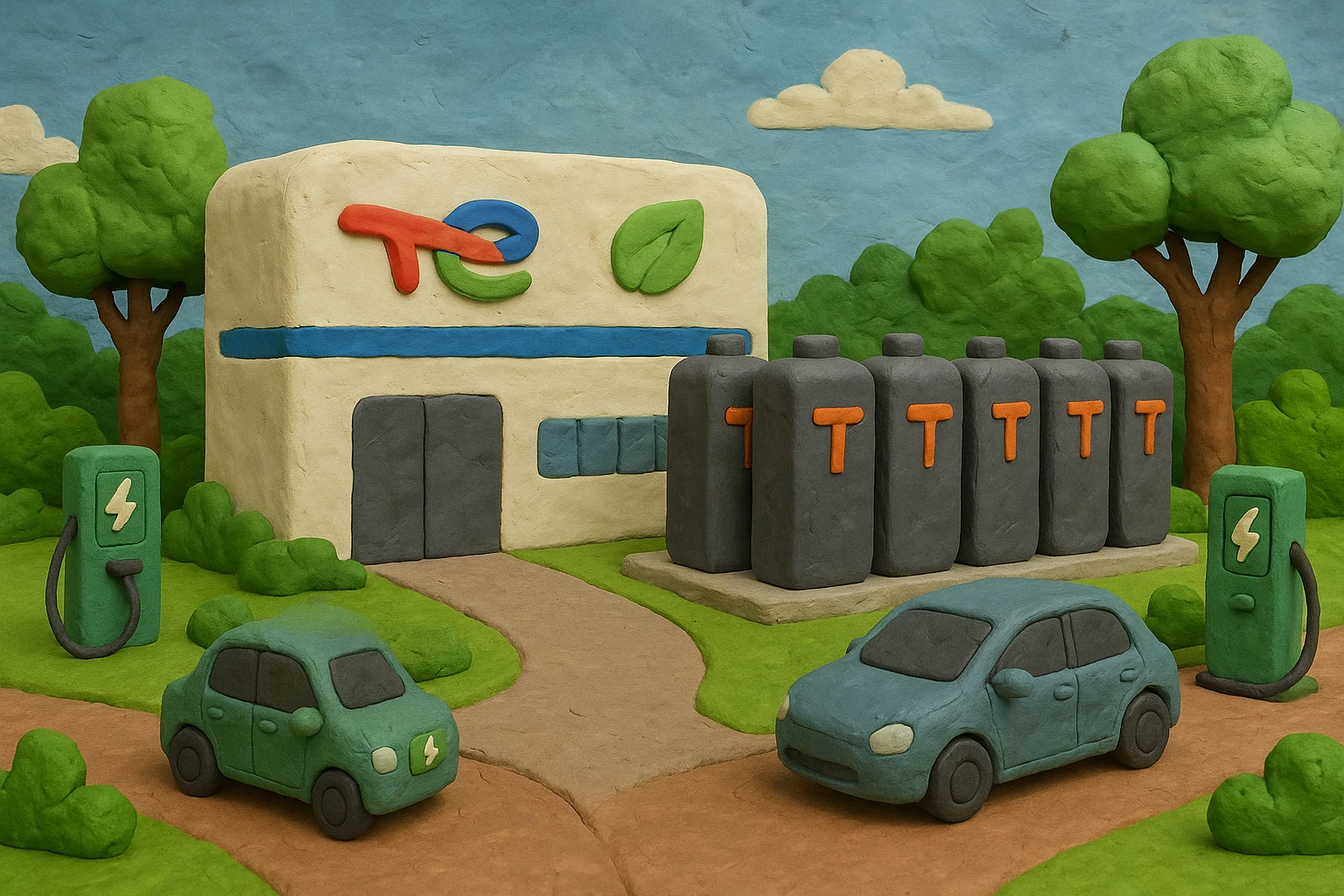 A futuristic energy storage facility with sleek, modern design, featuring large battery units and TotalEnergies and Greenway logos, surrounded by lush greenery and electric charging stations for vehicles.