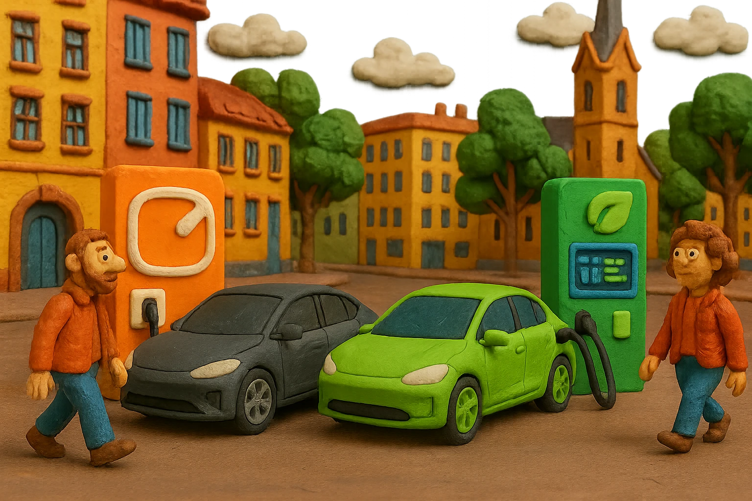 In a bustling European cityscape, electric vehicles glide smoothly past a DKV Mobility charging station with a prominent logo, showcasing sleek design and advanced technology, while a neighboring Greenway charging hub features vibrant branding and a digital display highlighting renewable energy statistics.