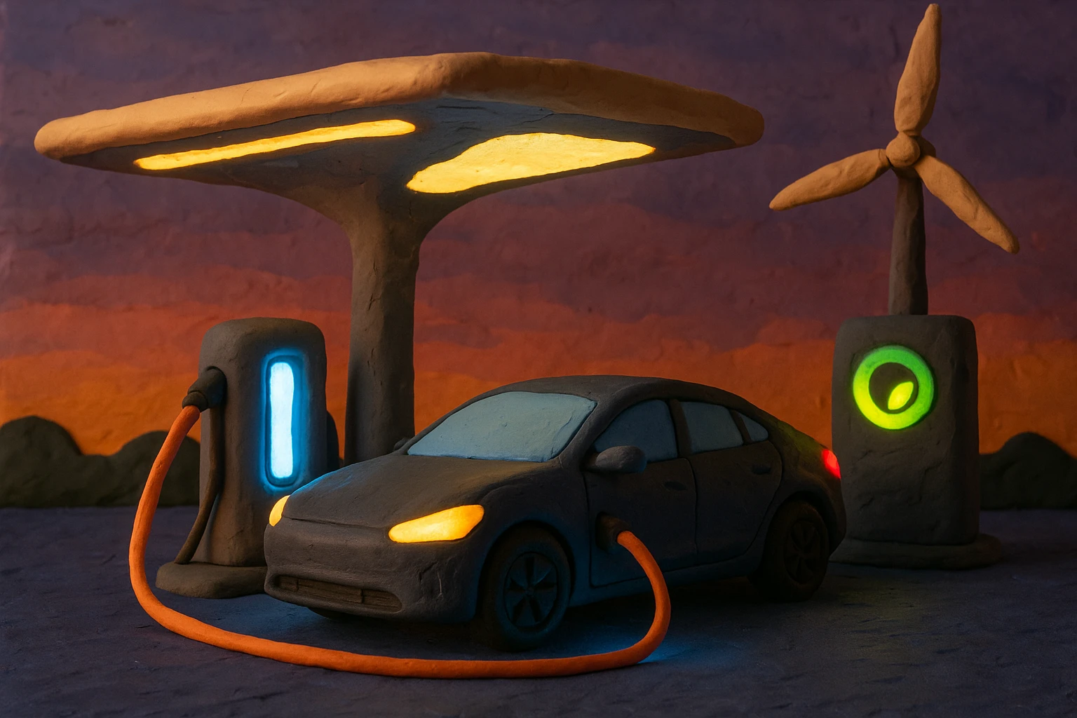 A sleek electric vehicle sits under a futuristic DKV Mobility charging canopy at dusk, its charging cable plugged in, surrounded by ambient LED lights, while the Greenway logo glows prominently on an adjacent wind-powered charging station, emphasizing eco-friendly innovation.